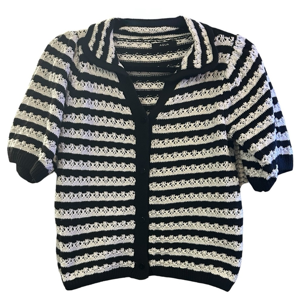 Aqua Pointelle Short Sleeve Button-Up Sweater Black & White Stripe Size S